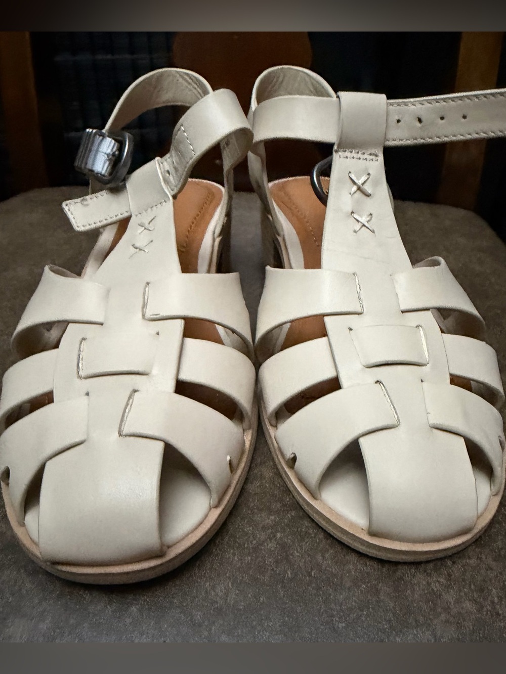 Lucky Brand Cream Leather Woven Strap Sandals